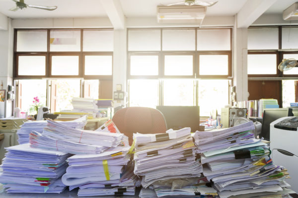 Stacks of paper in an office