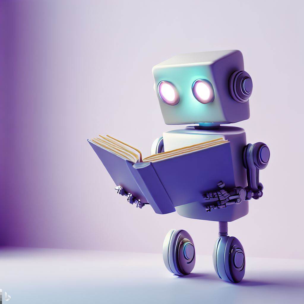 Robot reading a book in a purple room