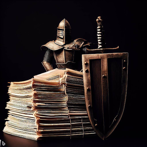 Knight with sword and shield guarding records