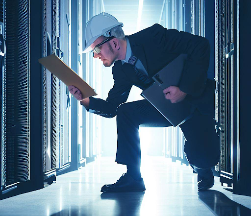 Inspector with clipboard in server room