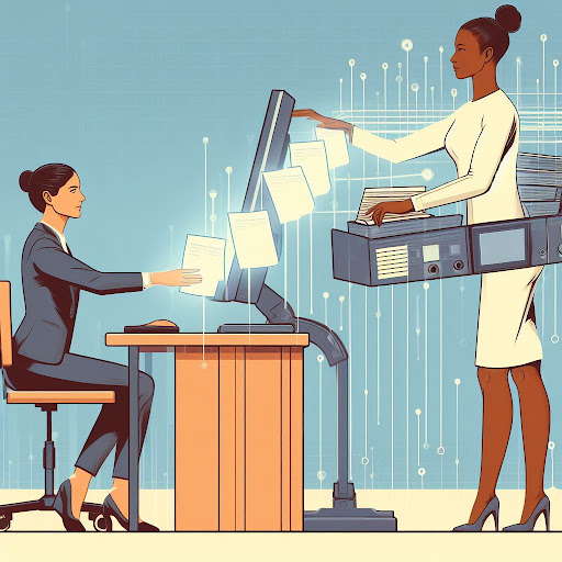 Visualization of a business woman retrieving digital files through a computer