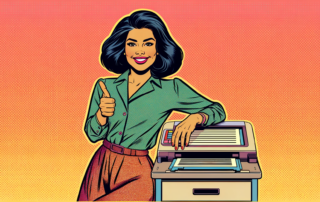 Retro image of a lady smiling and giving a thumbs up next to a paper scanner