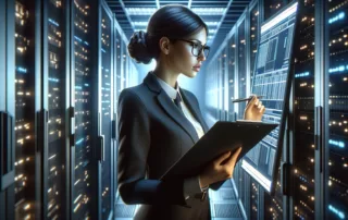 Female auditor inspecting data servers