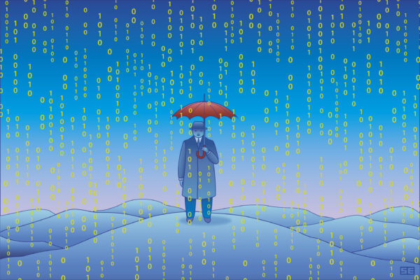 Man with umbrella under rain that is binary code 0 and 1