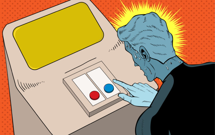 Pop art superhero struggling to make a choice between red and blue button