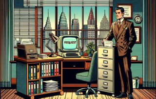 Business man getting a records request in retro art