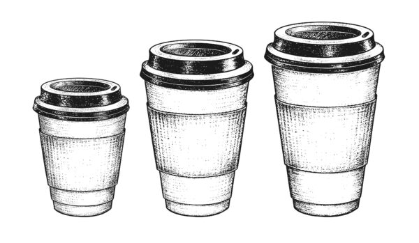 Drawing of three coffee cups: small, medium, and large