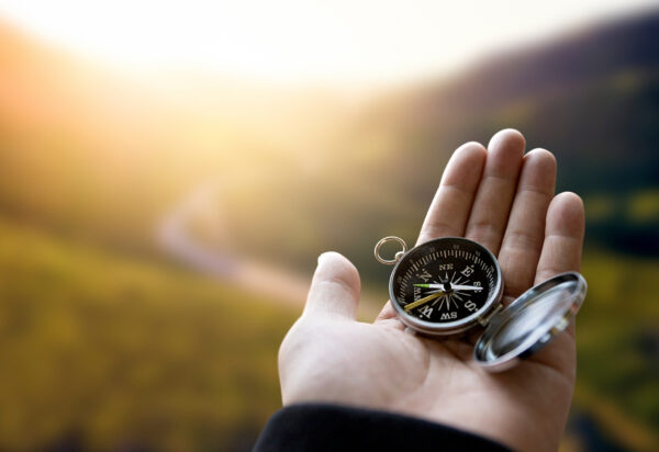 Traveler holding a compass overlooking a valley