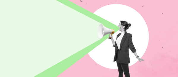 Collage of woman speaking into a bullhorn signifying communication