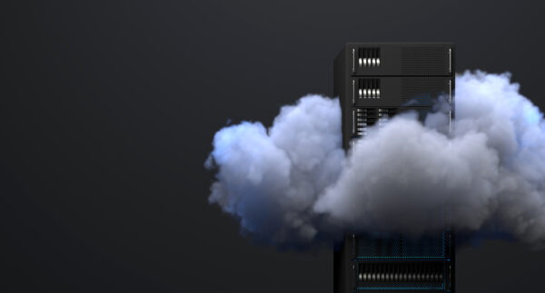 Cloud hosting visual, a data server with a cloud surrounding it