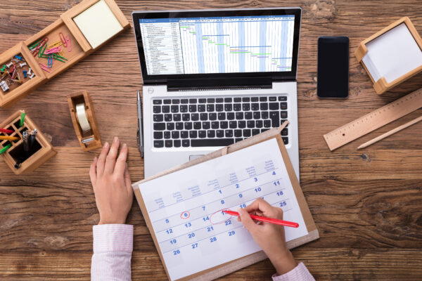 Woman marking her calendar while looking at a project chart