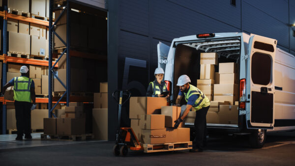 Warehouse workers loading boxes into a van