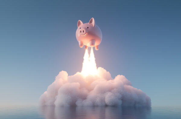 3D piggy bank blasting off like a rocket ship