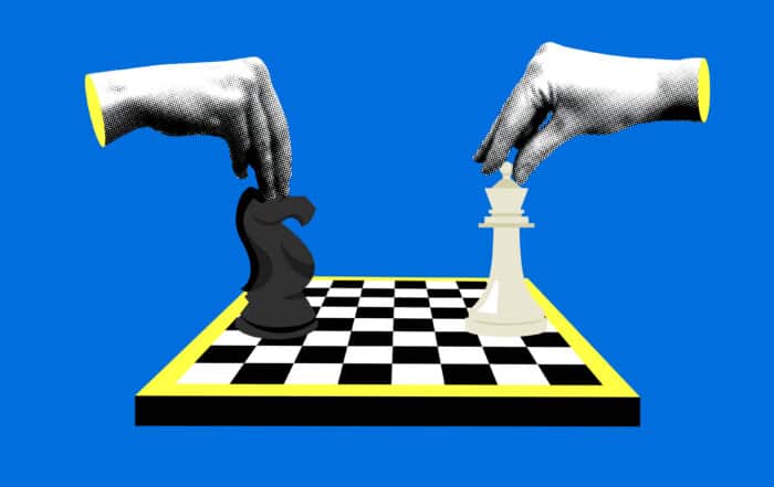 Chess game. Modern collage with chessboard, chess pieces and halftone hands. Concept of strategy, intelligence and leadership