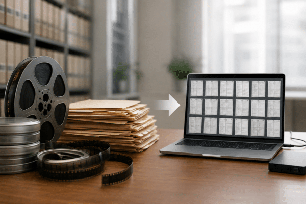 Film to digital transition workspace, roll of microfilm and paper files and a laptop with digital images