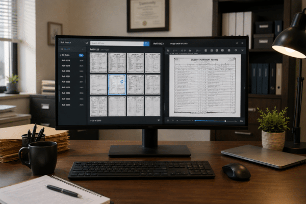 Modern office with document scanning setup showing images on a screen