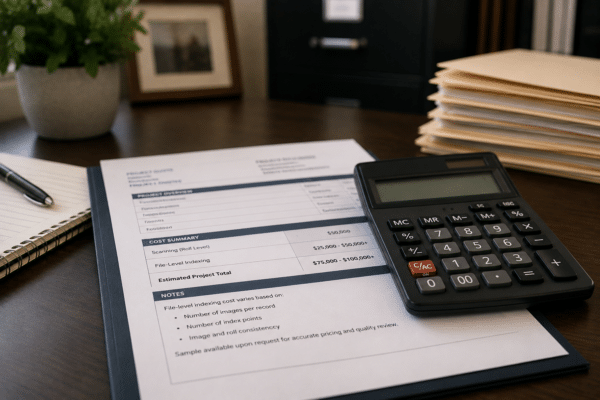 Professional office workspace with project quote and calculator