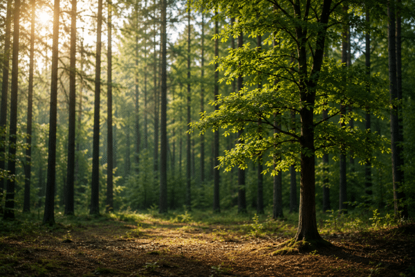 Sunlit woodland with towering trees