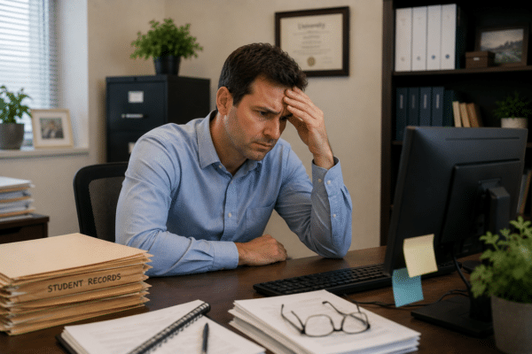 A frustrated registrar sits at his desk, rubbing his forehead and staring at his computer.