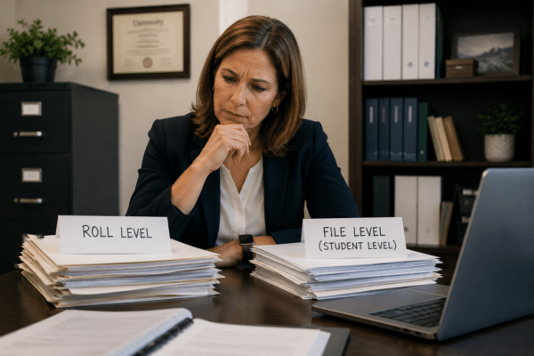 Registrar thinking about roll or student level indexing, with piles of papers next to her