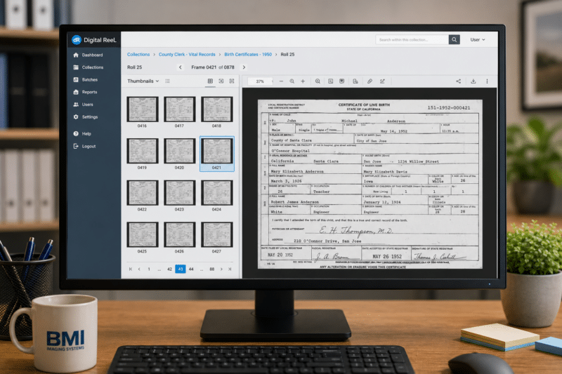 Digital ReeL Record View Computer screen showing a digitized microfiche sheet with individual images that can be clicked