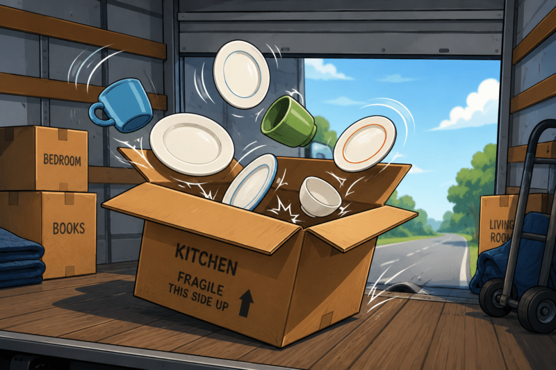 Cartoon illustration of dishes sliding and crashing inside a half-empty box in a moving truck