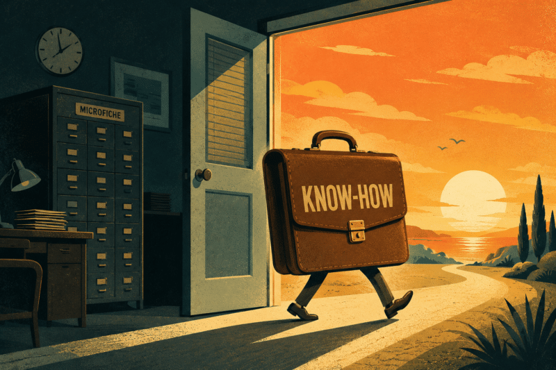 Knowledge Walking Out Retro poster of a briefcase labeled know-how walking out an office door