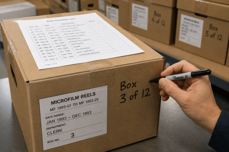 A hand writing "Box 3 of 12" on a neatly taped and labeled archive box