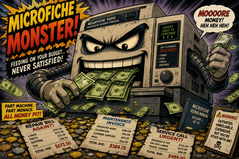 Money Pit Machine Villain Comic-style illustration of a microfiche machine as a cartoon villain eating dollar bills