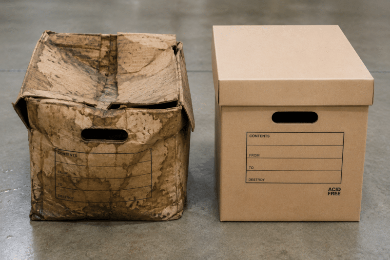 A crushed, water-stained old archive box sitting next to a clean new sturdy box