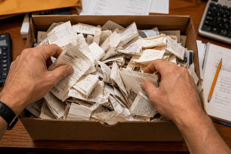 One Receipt in a Shoebox Hands digging through a shoebox overflowing with thousands of paper receipts looking for a single one