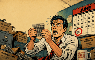 Comic-book illustration of a stressed records worker clutching a microfiche sheet in front of a calendar with June 30 circled in red