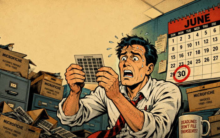 Comic-book illustration of a stressed records worker clutching a microfiche sheet in front of a calendar with June 30 circled in red