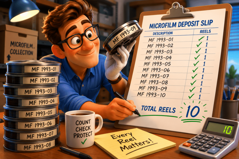 3D cartoon character matching reels on a clipboard against a bank-style deposit slip