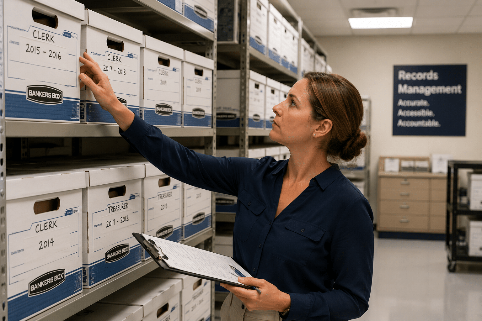 Records Manager Counting Boxes Records manager with a clipboard counting labeled banker boxes on shelves in a records storage room