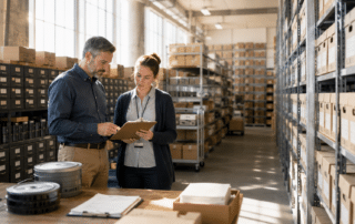 Records manager and scanning vendor surveying a large records room of boxes and microfilm cabinets with a checklist