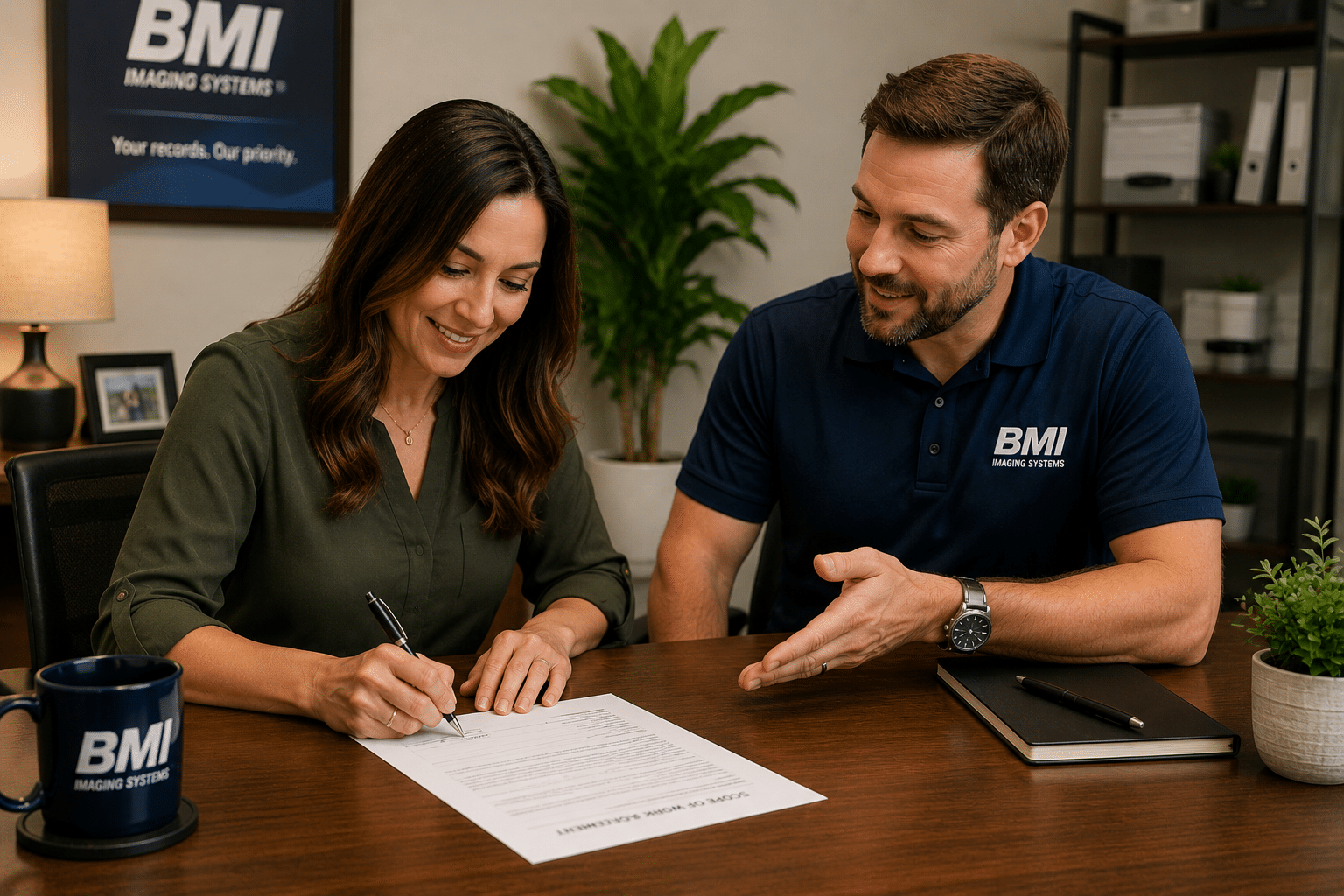 Signing a Change Order Together Client signing a clearly labeled change order document while a vendor representative explains the details
