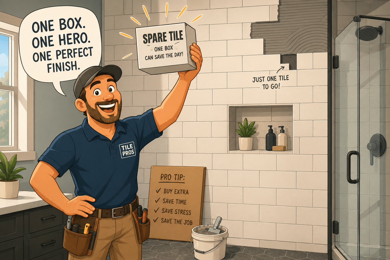 The Extra Box of Tile Flat illustration of a contractor happily holding one spare box of tile next to a nearly finished bathroom wall