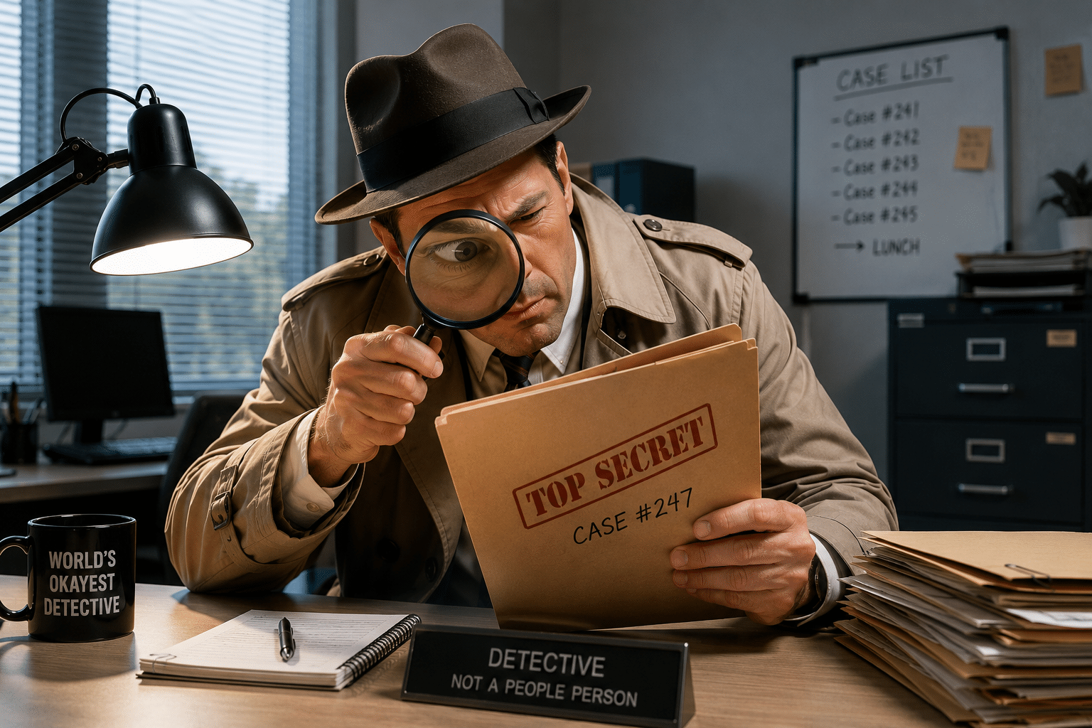 The Friendly Detective Detective with a magnifying glass closely examining a single file folder on a desk