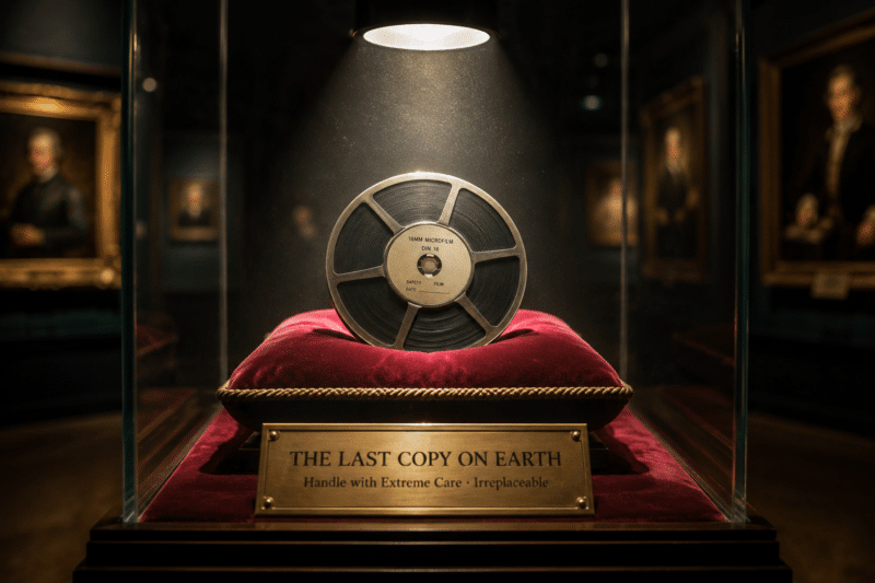 A single microfilm reel displayed on a velvet museum pedestal under a spotlight behind glass