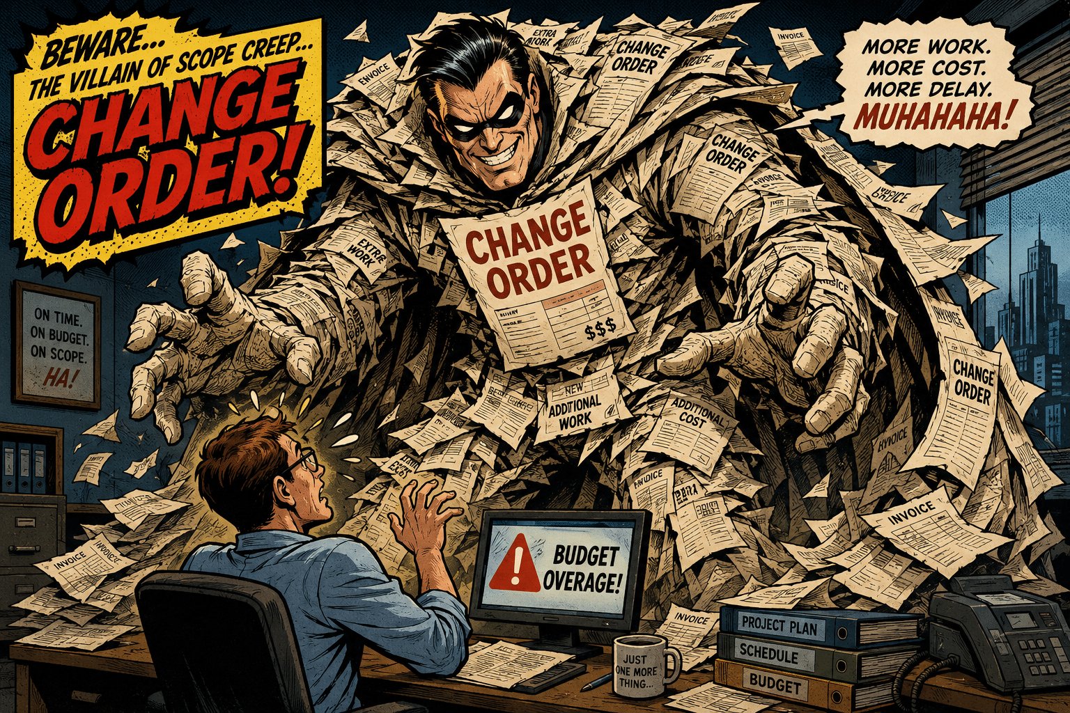 The Surprise Invoice Villain Comic-book style villain made of paper invoices looming over a small office worker at a desk