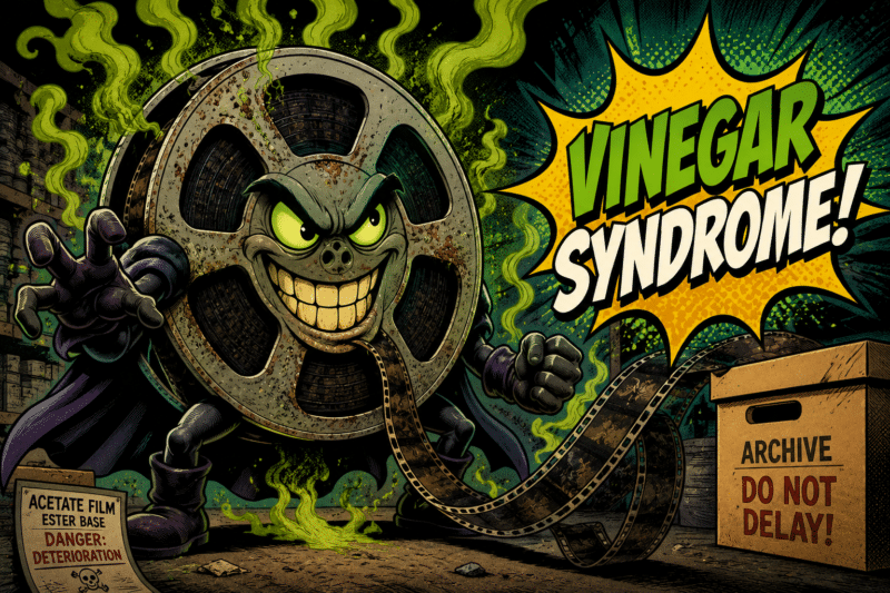 Comic-book style villain made of a microfilm reel emitting green vinegar fumes