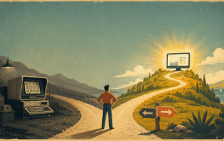 Retro poster showing two roads, one leading to a microfiche machine and one to a glowing computer