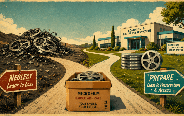 Retro travel-poster of two paths — one to crushed reels, one to a safe scanning facility