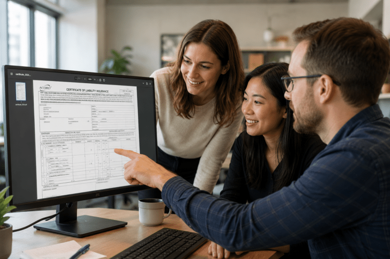 Three coworkers gathered around a monitor reviewing the same scanned record together