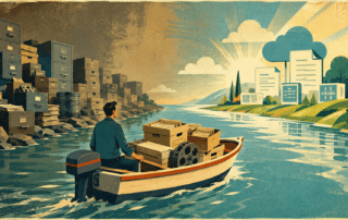 Retro poster illustration of file boxes and microfilm crossing a river toward a bright digital skyline