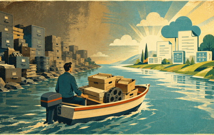 Retro poster illustration of file boxes and microfilm crossing a river toward a bright digital skyline