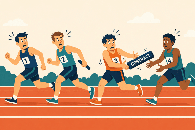 Baton drop at the handoff Flat cartoon illustration of relay runners fumbling a baton handoff labeled contract