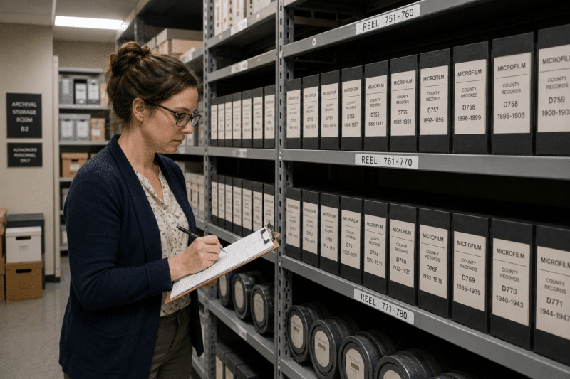 Counting the inventory A person inventorying microfilm reels and boxes with a clipboard before scoping a digitization project