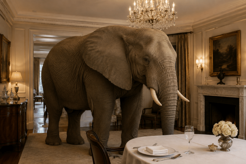 Elephant on a dinner plate A full-size elephant standing in a formal dining room next to a place setting with knife and fork